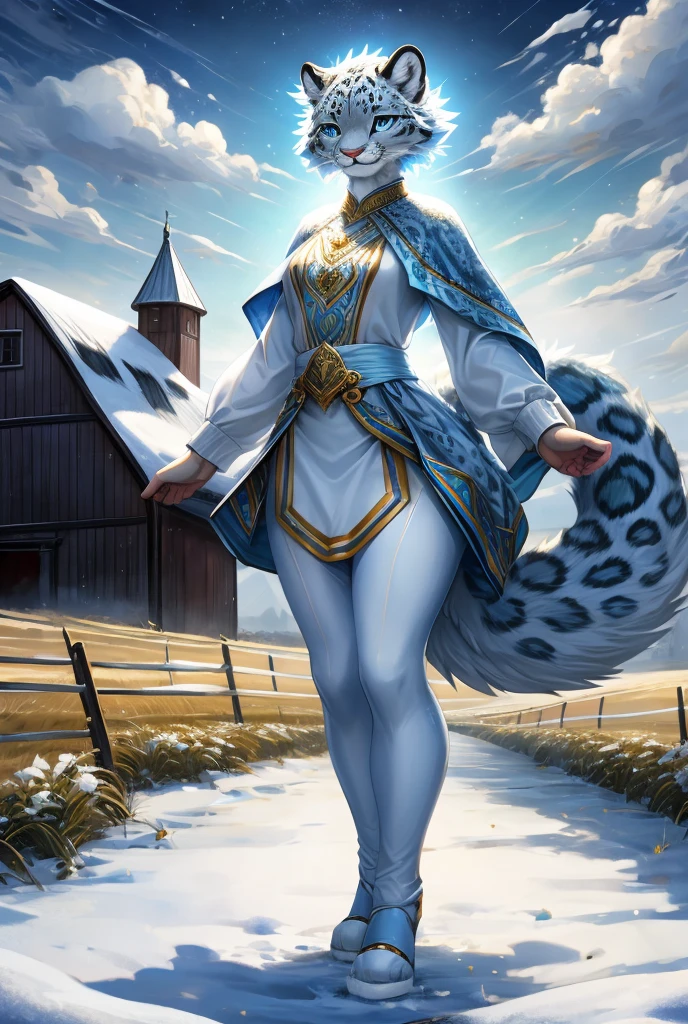 furry, personal, High resolution, Full body image with high detail, high quality, Ultra HD, subjective perspective, snow leopard, body shape, Dark blue very short hair, Ice blue mixed with gold eyes, light blue white fur, White shawl, Dark blue tight lining, European farm background