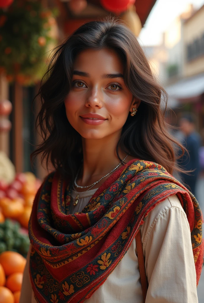 A beautiful young woman of mixed French and Bolivian heritage. She has light brown skin with a warm, sun-kissed tone, and wavy, dark brown hair that falls just below her shoulders. Her eyes are a striking hazel with a touch of green, reflecting both her European and Andean roots. She has a soft, oval face with high cheekbones, a delicate nose, and a warm, not smile. She’s wearing a colorful, traditional Bolivian textile scarf over a casual, modern outfit, blending both cultures seamlessly. The background shows a vibrant market scene with a mix of French and Bolivian elements, face profile, front on the camera.