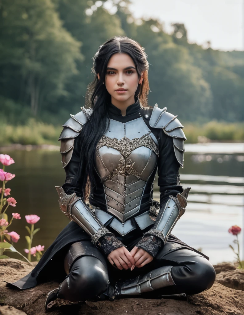 (medium shot, zoomed in upper body:1.3) photo of a, (perfect teeth:1.3) girl straight angled black hair with grey parts, brown eyes, (tiny breasts:1.3), toned ass, (perfect hands:1.3). She is wearing (leather armor just pants:1.1). She is sitting facing diagonal to camera, in a (gothic fantasy:1.3) lake with flowers and small mushrooms, evening, bright. detailed skin texture, detailed cloth texture, detailed face, (intricate sharp details:1.5), ultra high re