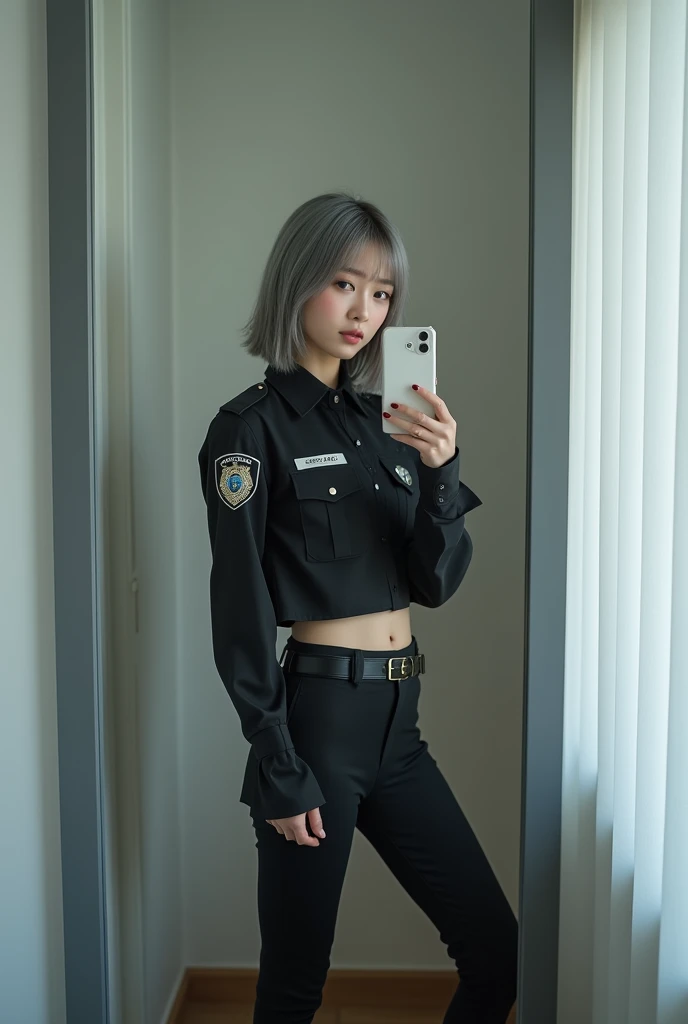highly detailed, beautiful, hyper Realistic girl, masterpiece, best quality, Depict a mysterious and sophisticated beautiful Japanese gravure model,, 28-years-old, identity hidden, all body shot, / gray arranged hair, small head, Detailed face, cute and Pretty slim face, wide Duck mouth, perfect beautiful Tooth, arranged gray hair, shiny eyes, blue-colored eyes, Realistic skin, Detailed face, / police officer style theme, black crop top with silver medals and badges, fitted slim pants, functional stylish black boots, simple belt and gold accessories, expressing her unique charm and authoritative presence, //// simple white single room, gray frame mirror, complicated background /// takes a selfie in her room using a smartphone in front of a mirror with one hand, standing and fashion model Posing, all body below shot, looking away from the camera,
