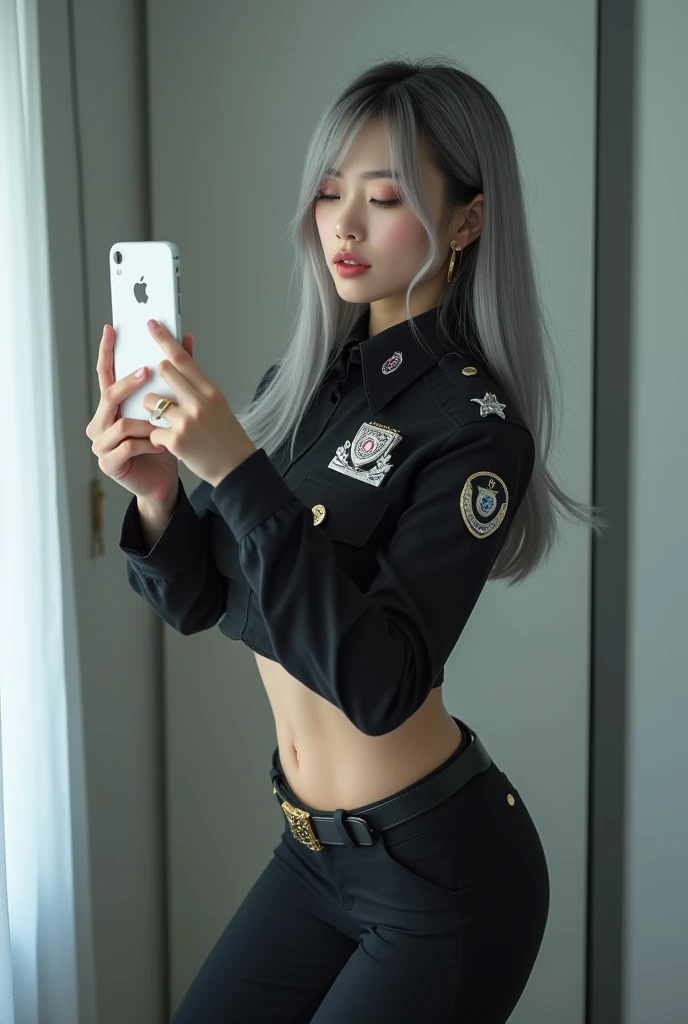 highly detailed, beautiful, hyper Realistic girl, masterpiece, best quality, Depict a mysterious and sophisticated beautiful Japanese gravure model,, 28-years-old, identity hidden, all body shot, / gray arranged hair, small head, Detailed face, cute and Pretty slim face, wide Duck mouth, perfect beautiful Tooth, arranged gray hair, shiny eyes, blue-colored eyes, Realistic skin, Detailed face, / police officer style theme, black crop top with silver medals and badges, fitted slim pants, functional stylish black boots, simple belt and gold accessories, expressing her unique charm and authoritative presence, //// simple white single room, gray frame mirror, complicated background /// takes a selfie in her room using a smartphone in front of a mirror with one hand, standing and fashion model Posing, all body below shot, looking away from the camera,
