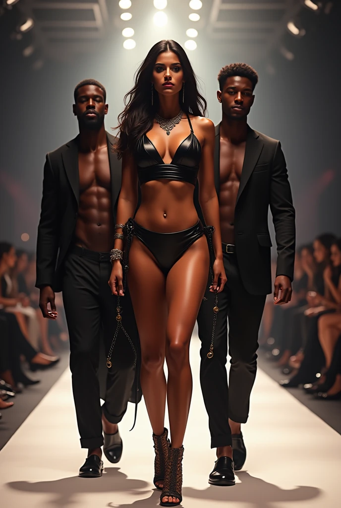 hot dominatrix indian wife is walking with a sexy black guy on ramp. Her hsuband has a leash around his neck. the leash is held by the wife who is walking him like a dog