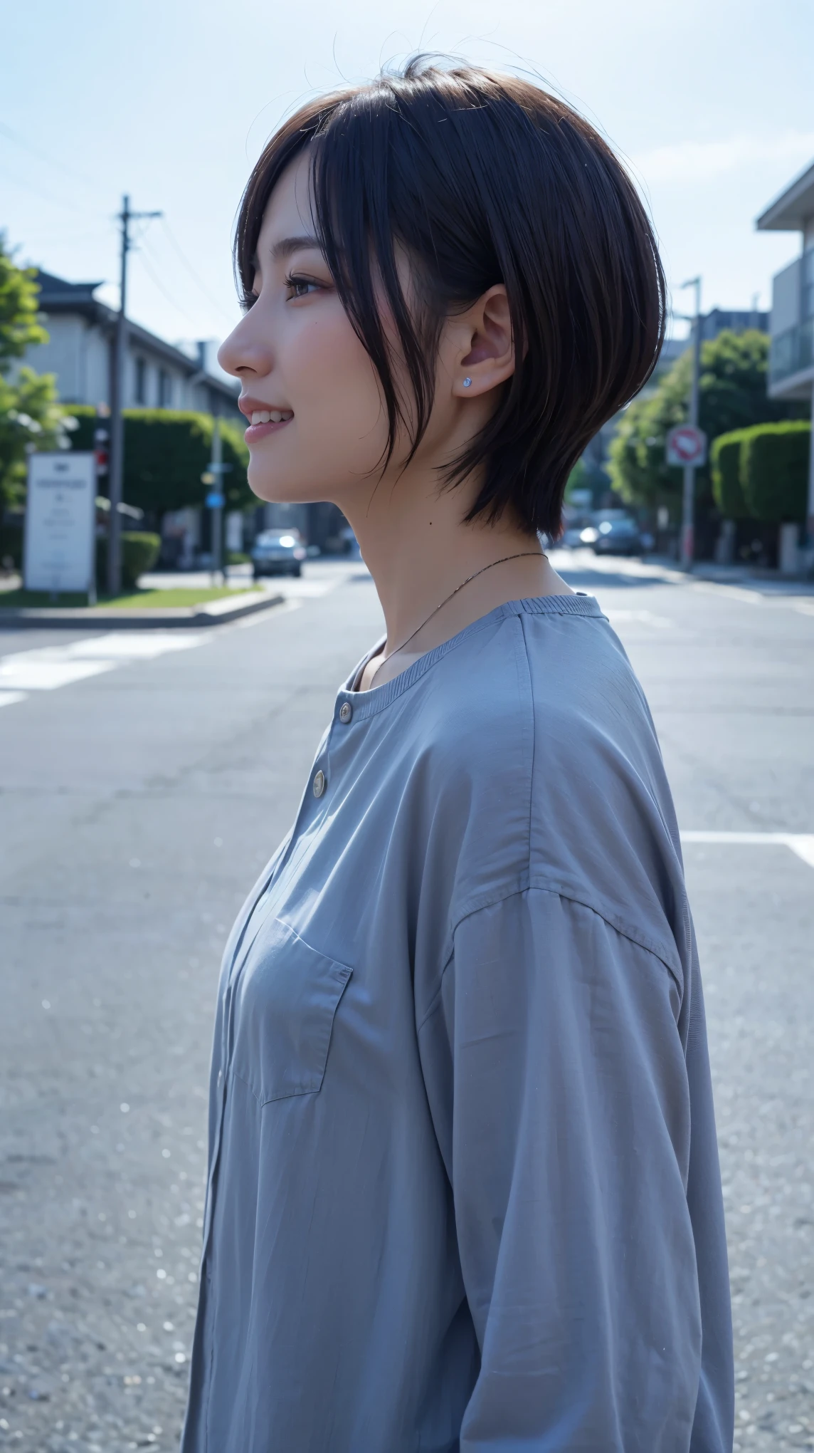 Realistic、masterpiece、Highest quality、Highest quality、8k、RAW Photos、Cinema Lighting、Very cute one、Short hair up to ear length、Moisturized hair、Blast by the wind、Background seen from the road、Upper Body、Photo of your face、profile、Eyes focus、Clothes to wear on a very hot day、Laughter、The depth of the written world、Wide Light、High Contrast、Shine、chromatic aberration、Sharp focus、Raw color photography