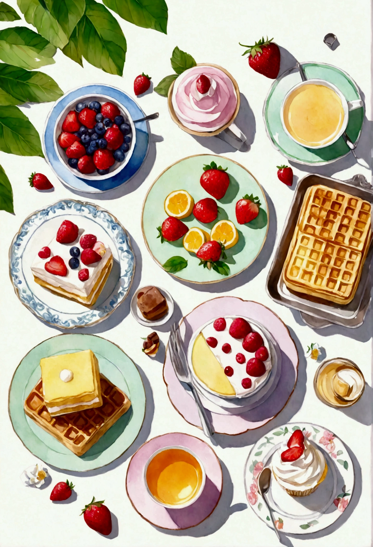 (pastel colour:1.2)、(cute illustration:1.2)、(watercolor painting:1.2)、white background、Floral、green leafs、strawberry, fruits、Shortcake、citric acid、acid、甘acidっぱい、pale pinkish green throughout,、waffle、bread、cooking、cupcake、tiramisu、Cream cake、confections、high tea、sweet、particles of light、drink、Ice cubes、still life photography