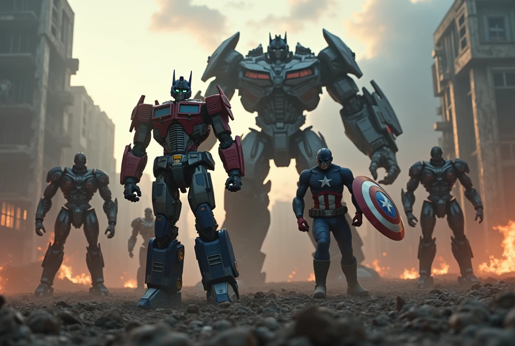 Optimus Prime, Captain America, zombie, Optimus Prime and Captain America vs titan zombies, highly detailed, photorealistic, 8k, dramatic lighting, cinematic, epic composition, hyper-realistic, stunning, masterpiece, ultra detailed, powerful, intense, awe-inspiring, heroic, action-packed, dynamic, impactful, cinematic camera angle, dramatic pose, intense battle, clash of titans, superhuman strength, advanced technology, futuristic, gritty, dark, moody, ominous atmosphere, brooding, visceral, gruesome, unsettling, unsettling, horrifying, bone-chilling, terrifying, apocalyptic, cataclysmic, mind-blowing