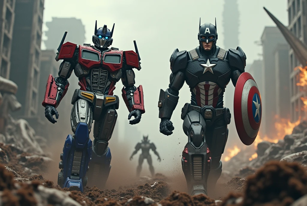 Optimus Prime, Captain America, zombie, Optimus Prime and Captain America vs titan zombies, highly detailed, photorealistic, 8k, dramatic lighting, cinematic, epic composition, hyper-realistic, stunning, masterpiece, ultra detailed, powerful, intense, awe-inspiring, heroic, action-packed, dynamic, impactful, cinematic camera angle, dramatic pose, intense battle, clash of titans, superhuman strength, advanced technology, futuristic, gritty, dark, moody, ominous atmosphere, brooding, visceral, gruesome, unsettling, unsettling, horrifying, bone-chilling, terrifying, apocalyptic, cataclysmic, mind-blowing
