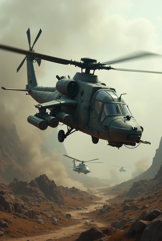 Post-apocalyptic battle scene with ((( Combat Helicopter))), wasteland, Smoke, debris, Camouflage mesh, Near-perfection, pure form, intricate detials, 8k post-production, High Resolution, super detaill, Trending on ArtStation, sharp-focus, studio photos, intricate detials, Very detailed, by Greg Rutkowsky