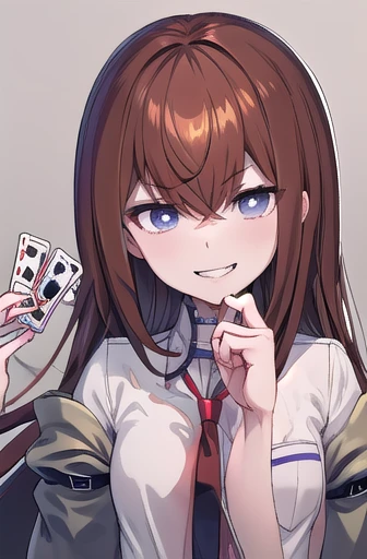 (masterpiece, Highest quality:1.2), Upper Body, alone, One person, makise kurisu, Conceit, Grin, View your viewers, 増分card, Holding, card, playing card, Holding card, Arrow \(symbol\), Jacket, Off the shoulder, Collared shirt, Red tie 