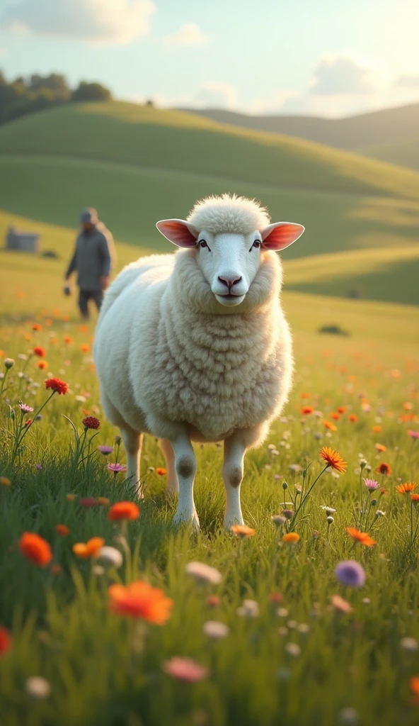 Generate an ultra realistic 8k full hd image of a white sheep in a field with flowers and grass with a shepherd watching it from afar