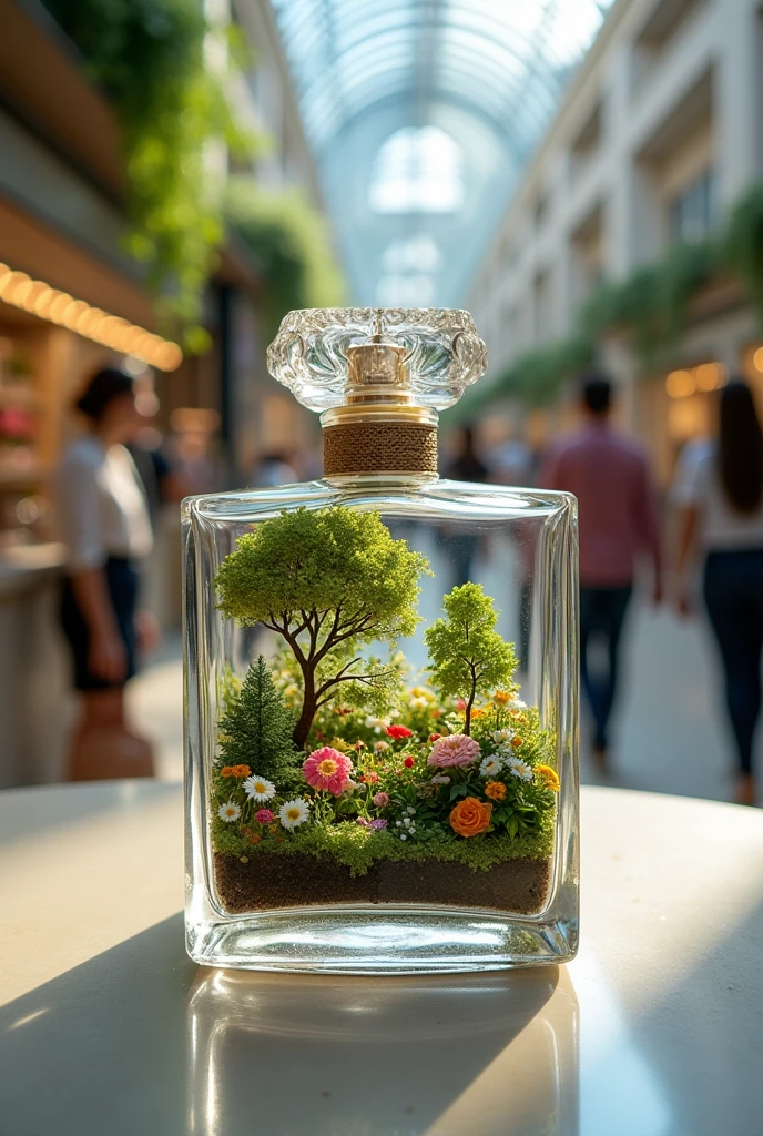 Image 85 K lus and clear environment of a transparent perfume bottle and inside it a botanical garden with many flowers and trees representing a flowery forest this perfume bottle has a lid with details in this bottle is under a counter of a perfume store in a shopping mall with people buying perfume 