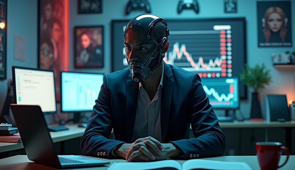 A photo of a man wearing a mask and some robotic accessories on his face , sitting at a table. The table has a laptop, a book, and a cup. The background contains a stock market screen, anime posters, and gaming controllers.