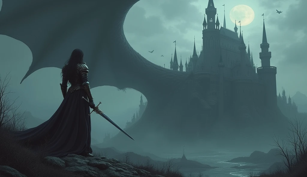 Dark atmosphere, distant view from left behind, moon light, woman wearing armor, holding a sword, epic  gothic medieval castle on the right,  epic gigantic shadow of dragon's wings behind the castle, dark fantasy art, epic landscape, master piece, highly detailed castle,
