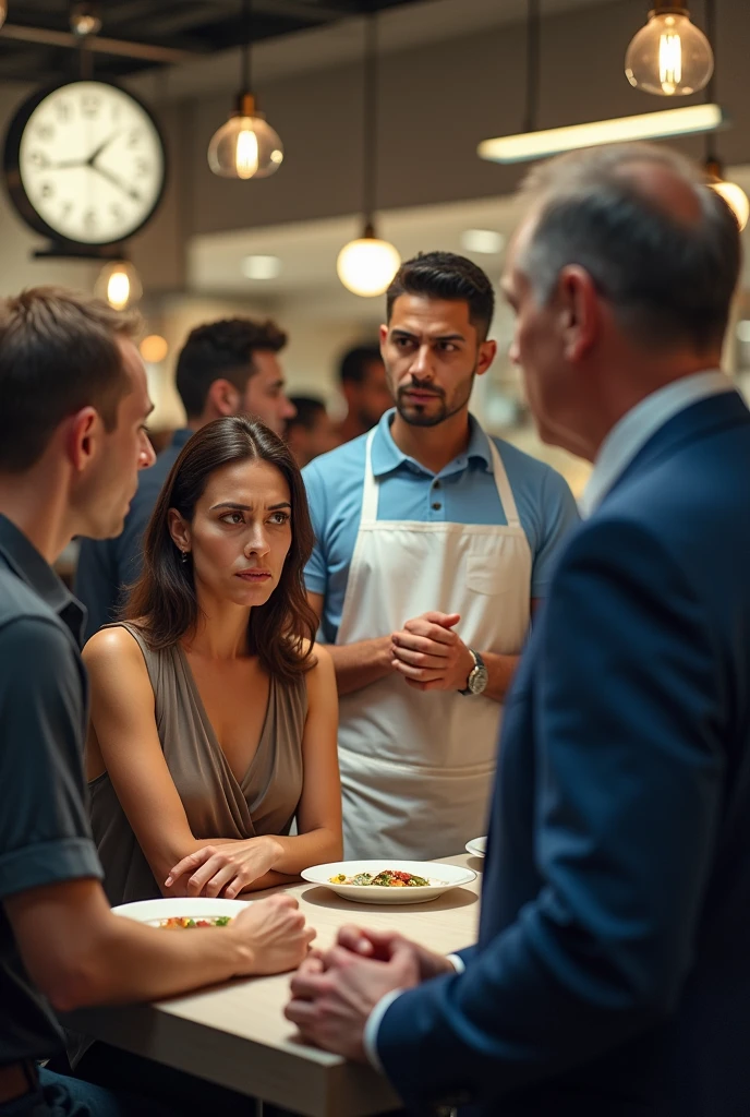 The scene unfolds in a bustling restaurant, a tableau of discontent etched across the faces of its patrons.
In the foreground, a woman, clad in a stylish dress, sits at a table, her brow furrowed in frustration. Her hand rests on a plate, seemingly untouched, as she addresses the waiter, his apron a stark contrast to the somber mood. His expression, too, is one of concern, perhaps trying to appease the disgruntled customer.
Behind them, the cashier, a young man in a crisp white polo and apron, listens intently to a male customer, his face mirroring the woman's displeasure. The cashier's hands are clasped, a silent testament to his attempts at resolving the issue.
To the right, a manager, distinguished in a blue suit, stands beside another customer, his shoulders slumped in a gesture of weariness. The customer, his face contorted with anger, gestures emphatically, his complaint seemingly reaching a crescendo.
The scene is a snapshot of frustration, a collective sigh of dissatisfaction resonating through the restaurant. The absence of smiles, the tense postures, and the furrowed brows tell a story of unmet expectations, a symphony of discontent playing out in the heart of this bustling eatery.