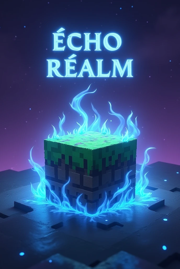 Draw a Minecraft Grass Block in The middle Write Echo Realm and around the grass block have a Blue fire Blowing up just a little and it must be in space and make the space purples
Make the letter Echo realm more bigger and clear 