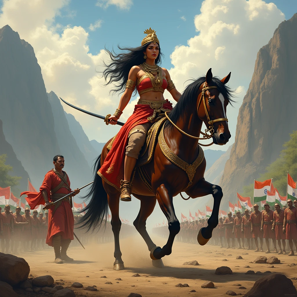 A South Indian queen, who is Hindu, is holding a sword in one hand and a horse in the other, with mountains and battlefields in the background and also the queen's maid. And queen one hand a katana , and background a indian flag fight , queen fight british king , british king was very dangerous his hand a rifle , British king fighting indian queen , british king
