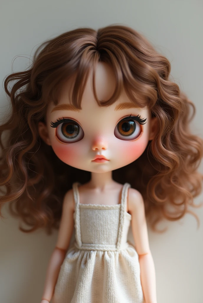 Blythe doll brown curly hair, big brown eyes, clear skin, thick eyebrows, Small front