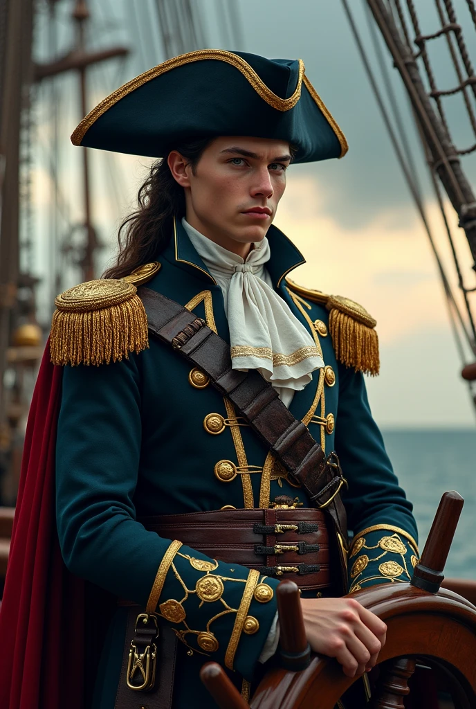 (best quality,4k,8k,highres,masterpiece:1.2),ultra-detailed,(realistic,2D Anime,Anime 2D:1.37),highly detailed portrait of a young male pirate admiral, imposing young figure standing at the helm of a grand sailing ship, ornate uniform with gold epaulets, young face with piercing eyes, no beard, tricorn hat, dramatic lighting, moody atmospheric background, vivid colors, cinematic composition