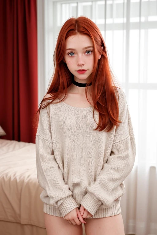 raw photo,(full body shot, 13yo skinny redhead girl:1.2), cheek dimples, blushing, graphic eyeliner, rouge, (lipstick:0.6), (choker:0.9), realistic skin texture, oversize knit sweater, (red:0.8), softcore, warm lighting, cosy atmosphere, instagram style, nsfw , naive, shy, short, thin, fit, beautiful, cute, pale skin
