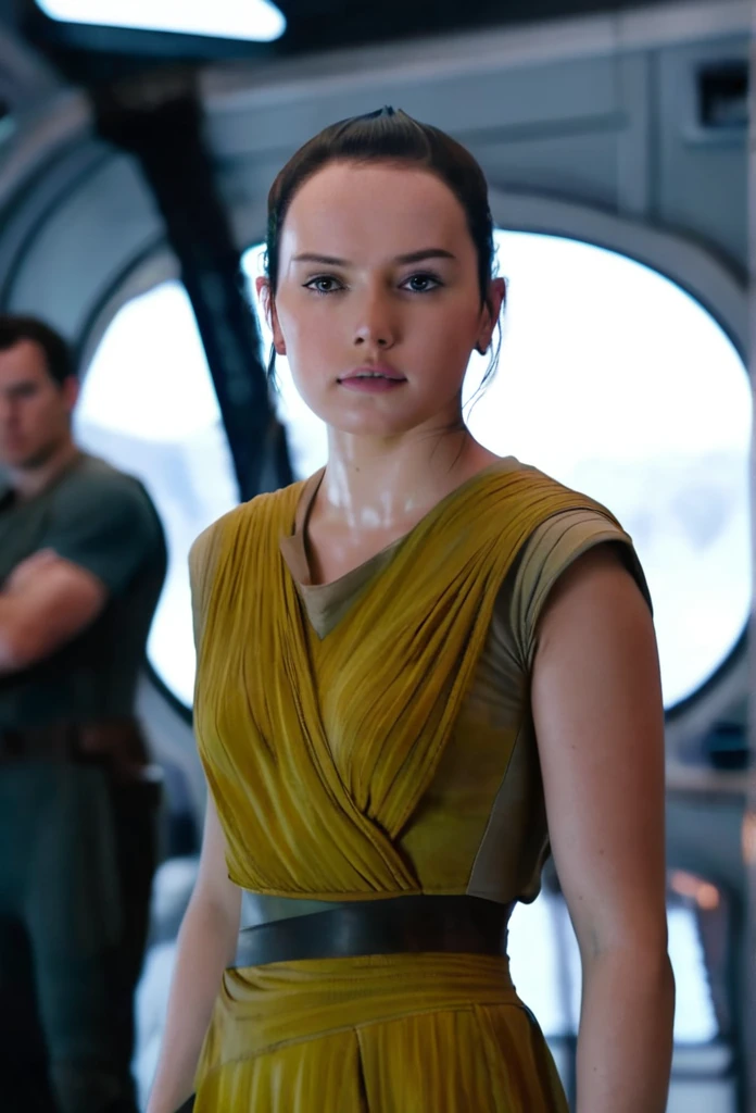 Daisy Ridley With giant biggest bust forward Giants busty forward Giants busty, wearing a yellow uniform in Spaceship