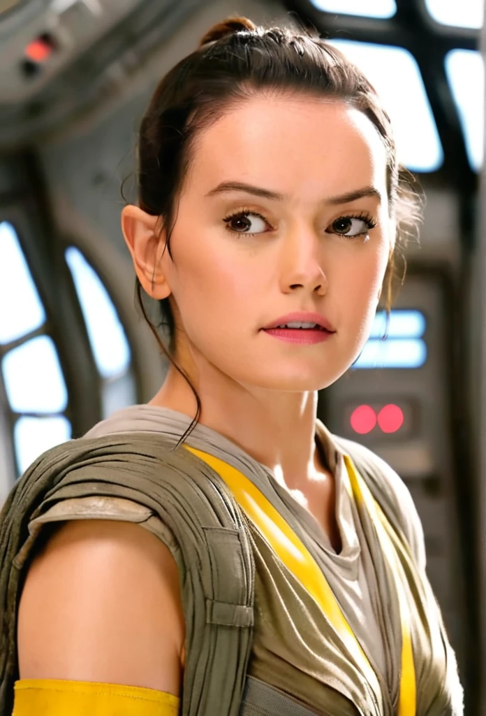 Daisy Ridley With giant biggest bust forward Giants busty forward Giants busty, wearing a yellow uniform in Spaceship