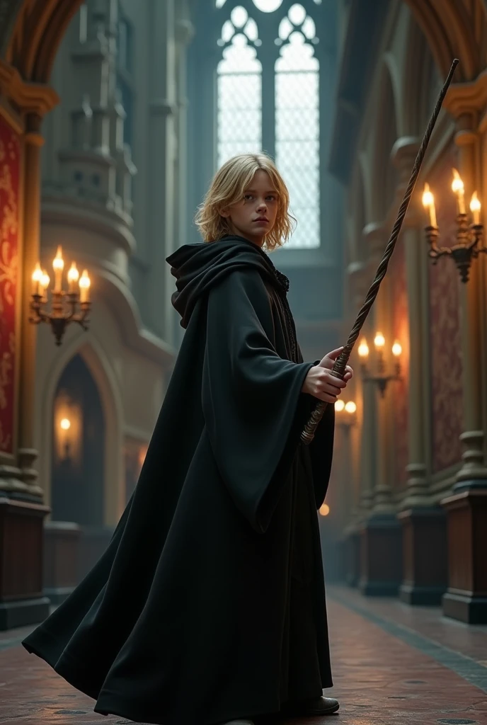 A boy wearing a black cloak, blonde hair, holding a 6 inch long Ewder wand, is in Hogwarts School.