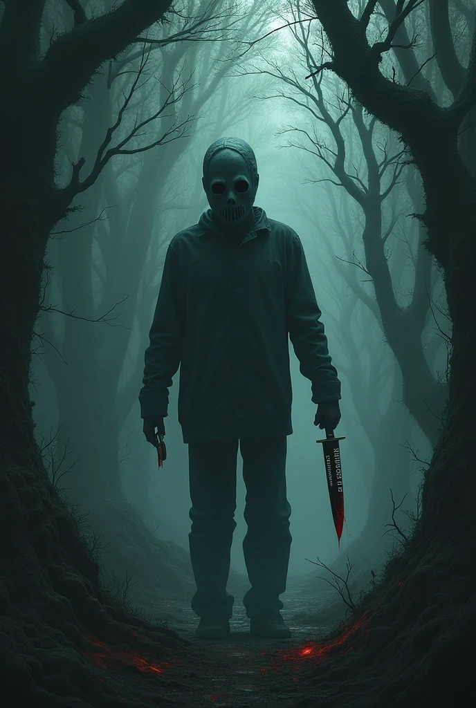 make an image of a dark forest with a man with the panic mask of everyone in Panic and a ministerial hand holding a knife with the word killer written on it, put blood on the knife, make the panic mask 