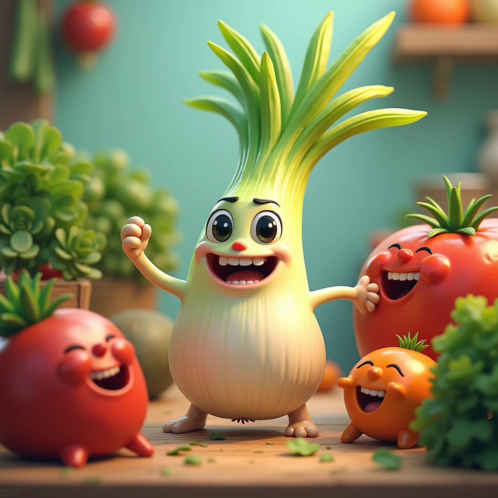 The leek is tickling the other vegetables and making them laugh.。