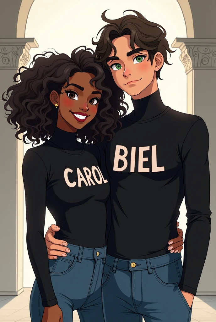 Characters couple black turtleneck shirt with the name Biel and Carol in capital letters nothing the black girl curly hair the white man with green eyes blue jeans anime theme