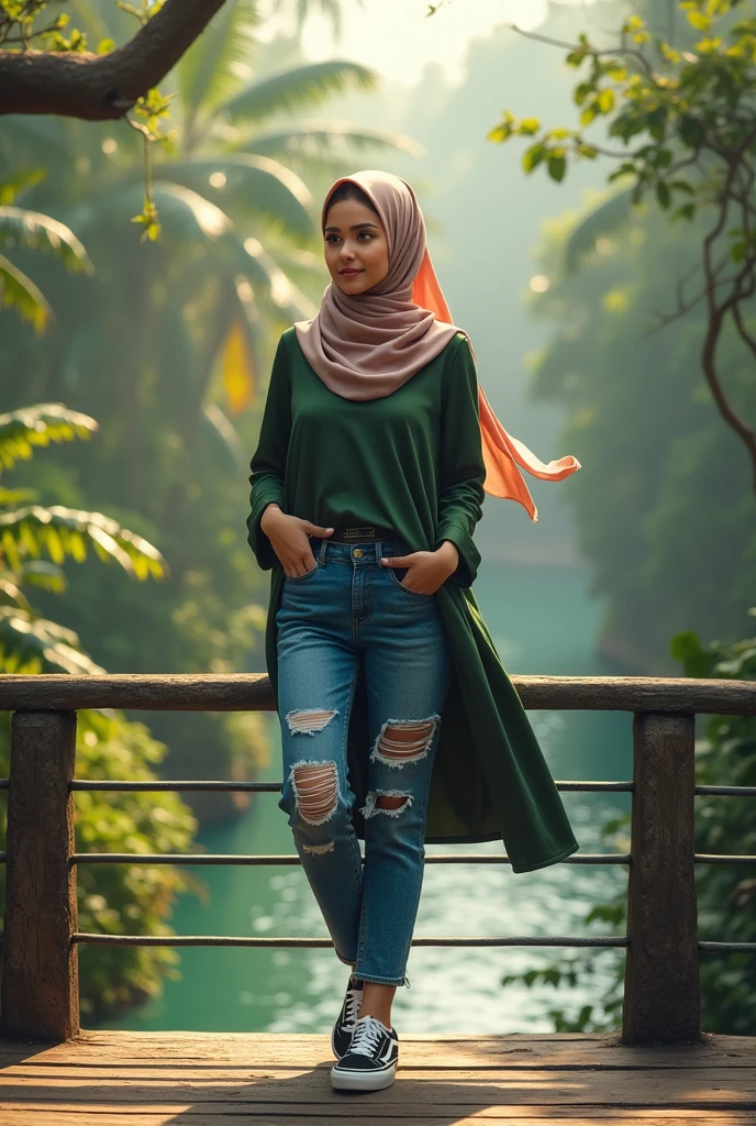 Hijab dress, bridge river tropical,wearing Vans shoes, riped blue jeans((full body))