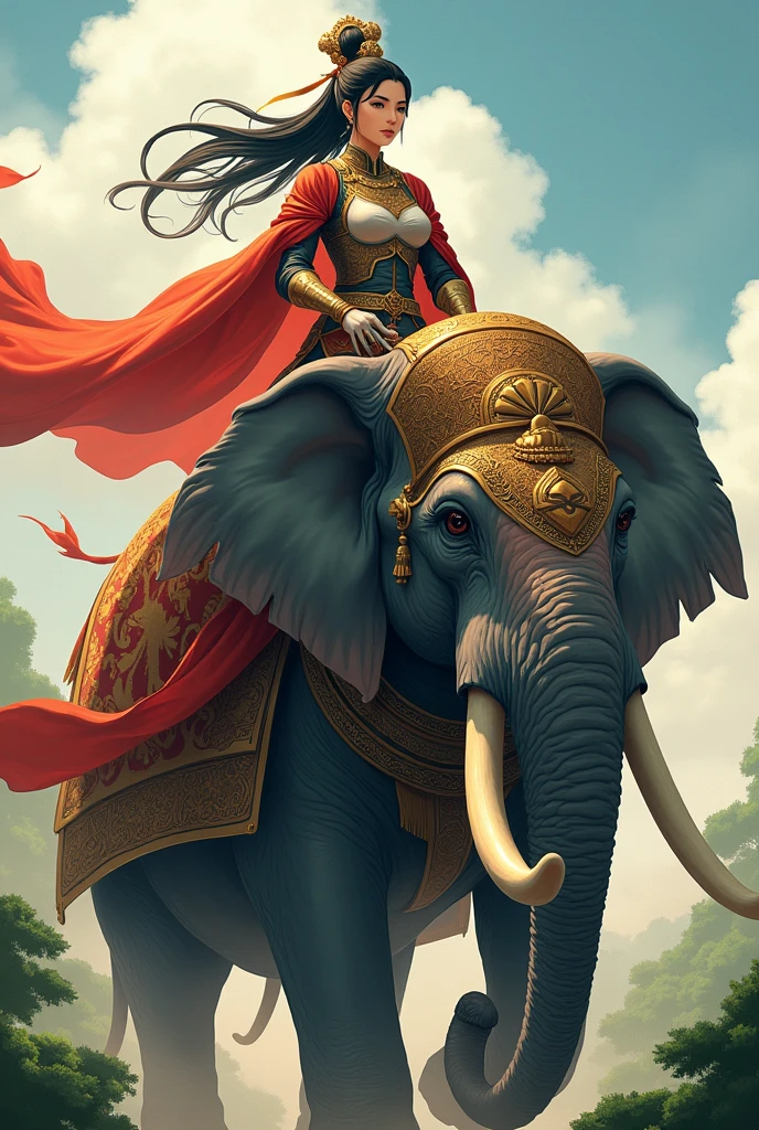 Another ancient Vietnamese anime female general riding an elephant, cool with armor