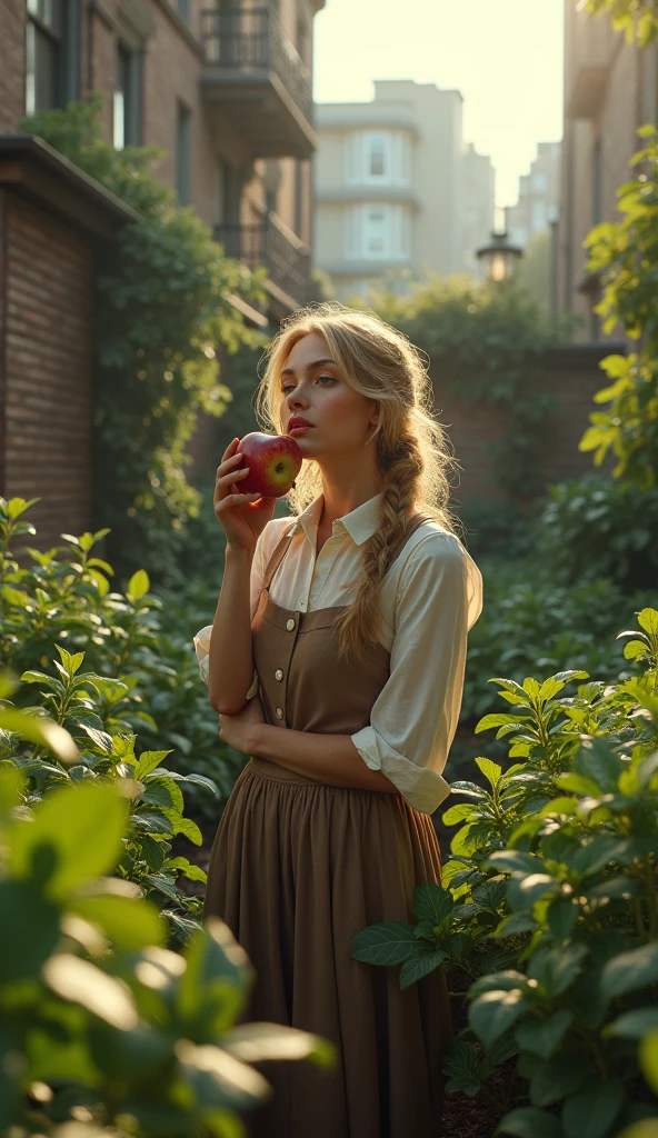 20 yo [Sophia Loren:Maude Adams:0.45] as a beautiful blonde haired Victorian House Work workers, biting ripe juicy apples while tending her vegetables urban garden at her Victorian working class Tiny Apartment backyard, insanely detailed and intricate, bokeh, shallow depth of field, Don Lawrence cinematic photorealistic color comic scene style, low-key, octane render, octane lighting