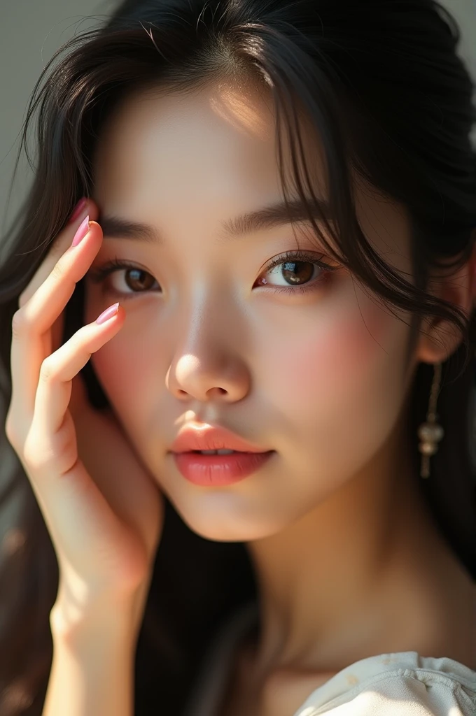 Thai women are beautiful and cute. They cover their faces a little with their hands.