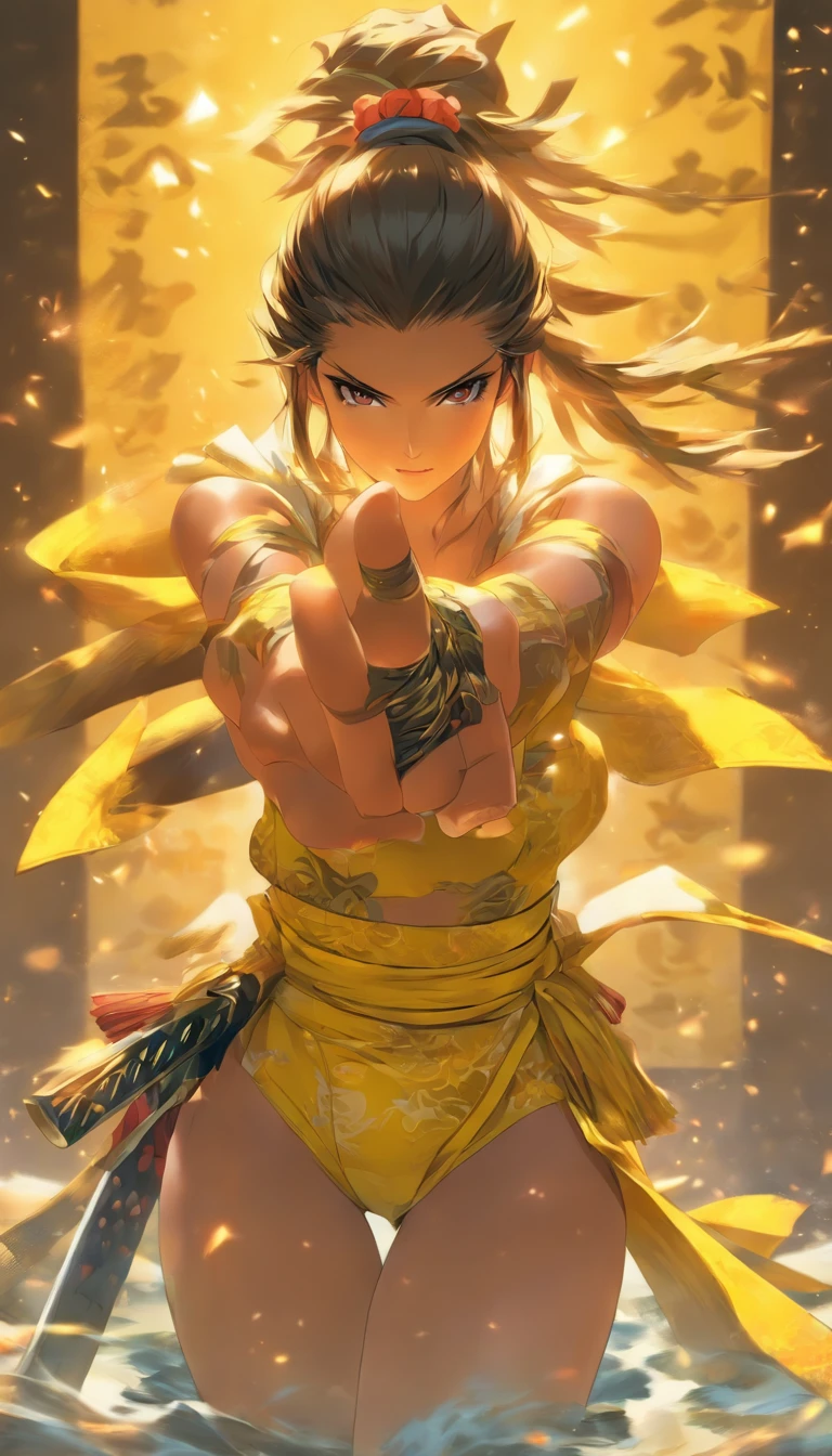 Samurai Swordsman　woman　In underwear　Full body sexy underwear　Full body sexy　yellow　underwear