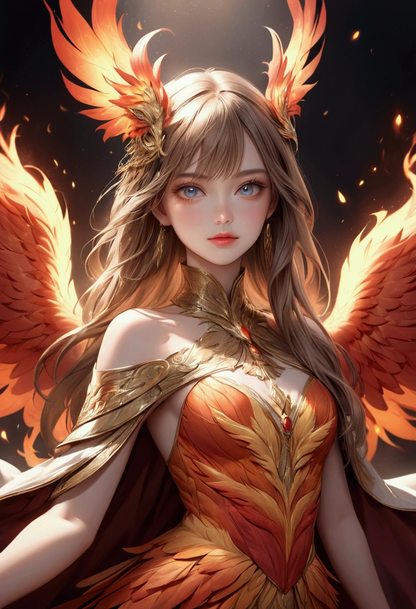 a beautiful cute girl, phoenix, feather dress, bare shoulder, bangs, fiery embers, intricate heraldic symbols, coat of arms, rebirth, strength, leaning forward, cleavage, 4k, 8k, highres, masterpiece, ultra-detailed, realistic, photorealistic, vivid colors, fantasy, detailed face, long eyelashes, detailed eyes, detailed lips, elegant, graceful pose, dramatic lighting, warm color palette