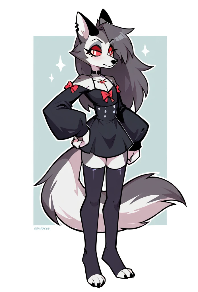 An original character, anthropomorphic, wolf, feminine, tall character, wearing a simple gothic outfit, using some accessories, on a simple background, cartoon art style "Helluva Boss"