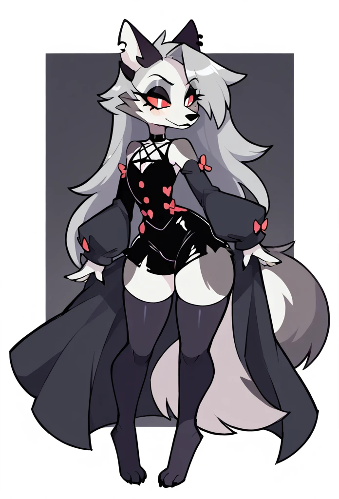 An original character, anthropomorphic, wolf, feminine, tall character, wearing a simple gothic outfit, using some accessories, on a simple background, cartoon art style "Helluva Boss"