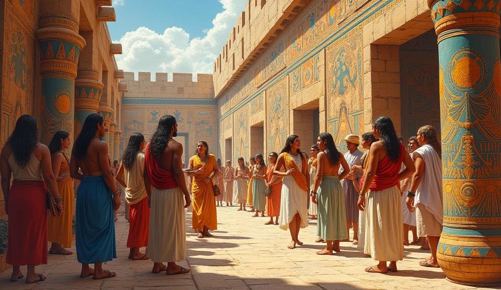Illustrate the cultural interaction between the (((Minoans and Egyptians2)) by showing (((Minoan-style frescoes at Avaris2))). Capture a [scene where merchants exchange goods2] and ideas, highlighting the artistic influence and commercial connections between the two civilizations.