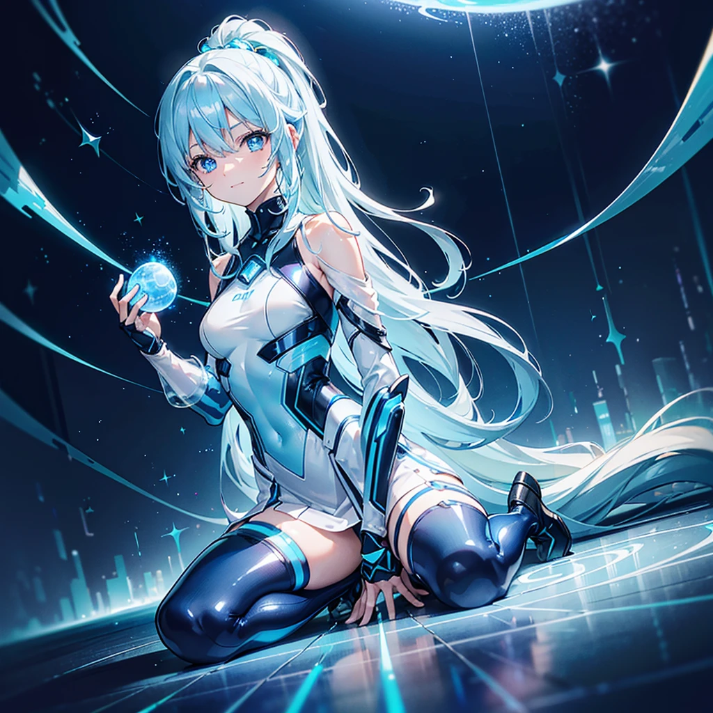 ((Holographic glow effect)),8k, Highest quality, (real:1.4), Original photo, 1 person, Asari Hair, Biological Amplifier, Very sleek and futuristic armor, posture: Peace talks between warring factions,,attention arousal, smart blue eyes,A modest smile,Knee-high boots,Patent-look blue tights,Blue big moon and blue light swirl in the background,Blue light from behind,blue light magic,A small, glowing blue ball in the palm of your hand,Blue flame swirl,Blue Comet,Polished floor,