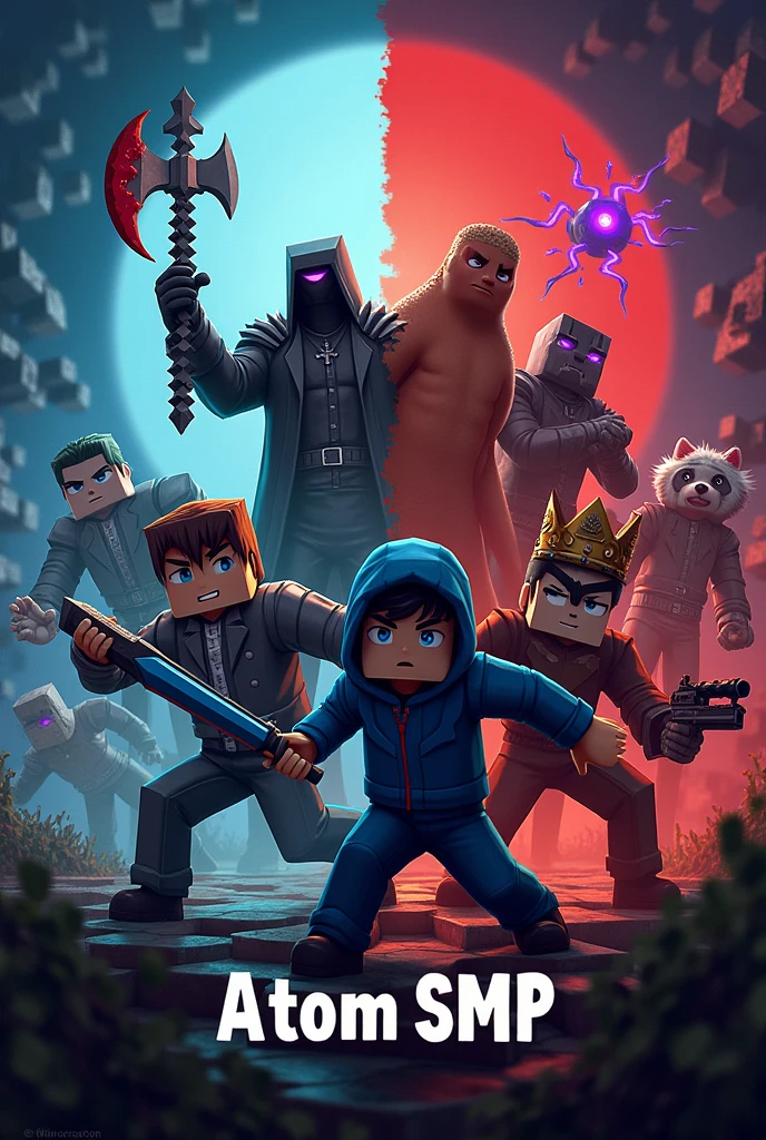 Make a poster where on one side of the poster there is a poster of the normal world of Minecraft and on the other side there is a poster of the end world of Minecraft, and from the normal world there is a person with two bloody scythes and Assassin&#39;s clothes, a boy with a blue hoodie and a big blue sword in his hand and A man in a sausage suit and a king&#39;s crown and a panda man with a gun and a smiling man and a boy with stone gloves and on the other side of the poster at the end of the Endermen&#39;s strange entities and a man with one purple eye. They are attacking and under this post ATOM SMP is written in a dark and white text