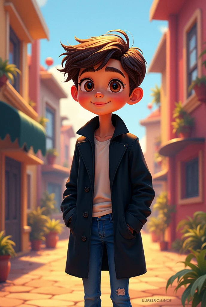 Disney Pixar poster light skin brown hair brown eyes black coat and jeans