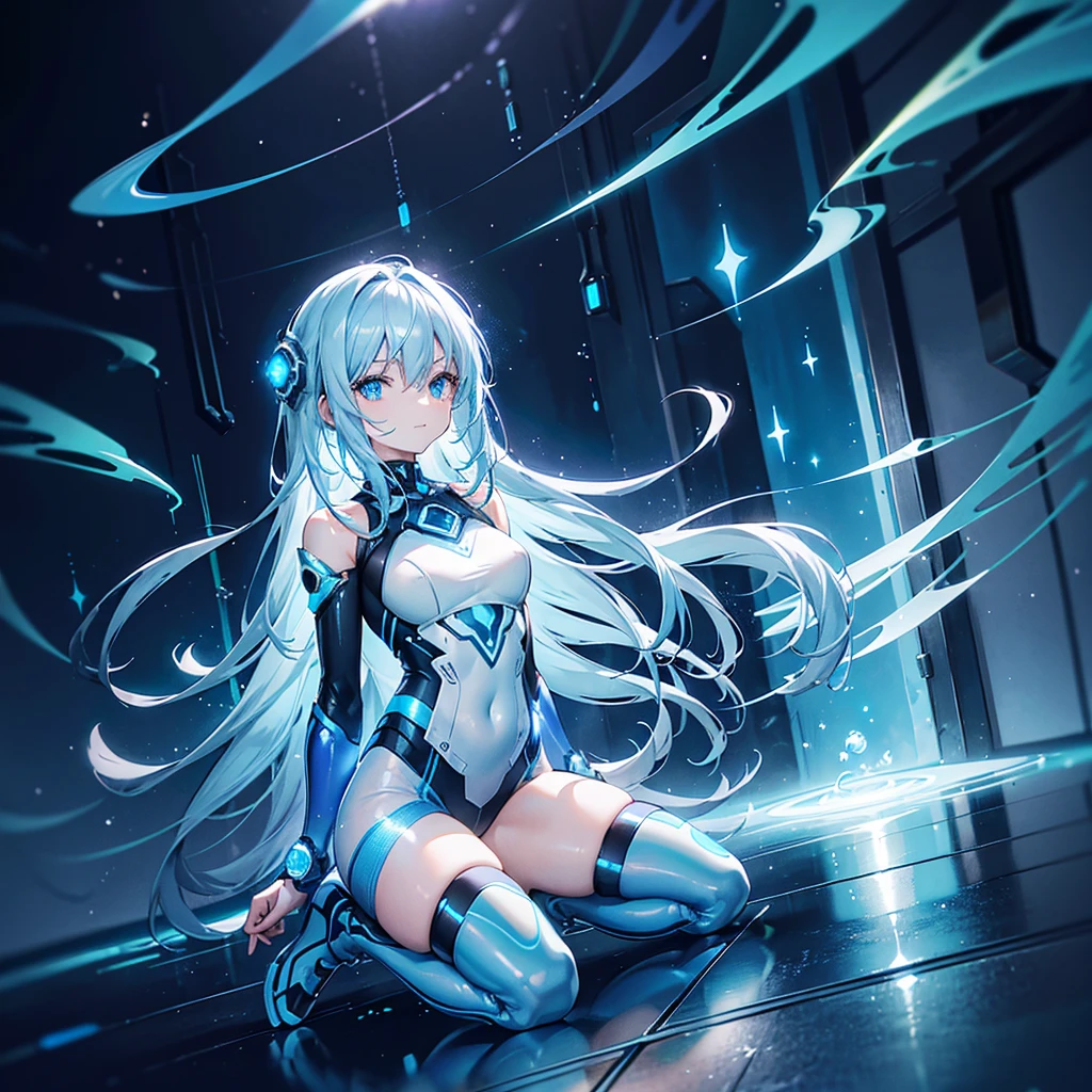 ((Holographic glow effect)),8k, Highest quality, (real:1.4), Original photo, 1 person, Asari Hair, Biological Amplifier, Very sleek and futuristic armor, posture: Peace talks between warring factions,,attention arousal, smart blue eyes,A modest smile,Knee-high boots,Patent-look blue tights,Blue big moon and blue light swirl in the background,Blue light from behind,blue light magic,A small, glowing blue ball in the palm of your hand,Blue flame swirl,Blue Comet,Polished floor,