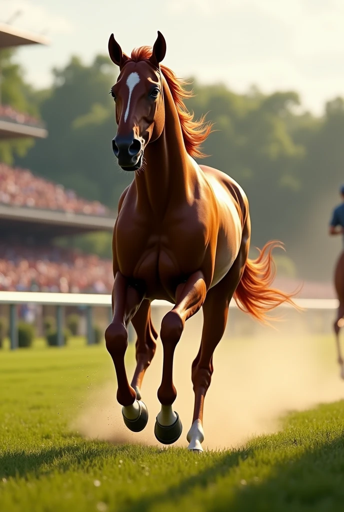 A thoroughbred galloping through the racetrack