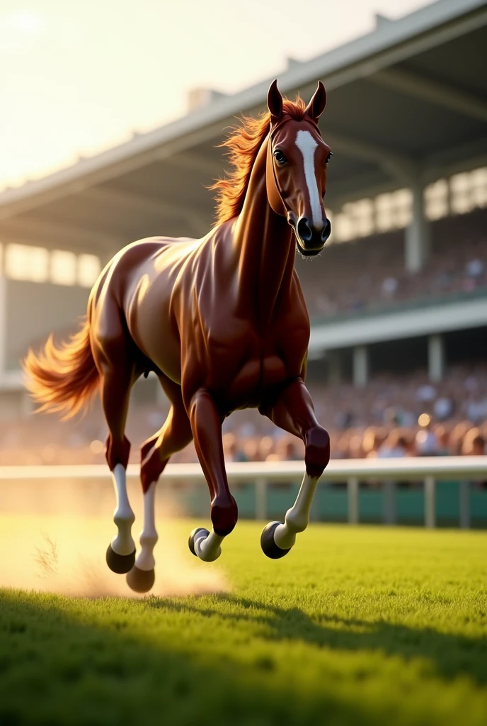 A thoroughbred galloping through the racetrack