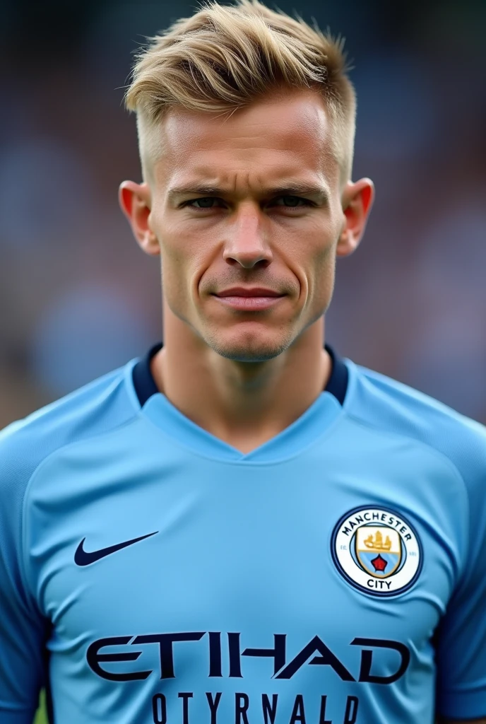 Erling haaland with short blonde hair in mancity jersey
It's to serious. With little laugh.with no Beard .young like 22 years of age.only showing face and Jersey.