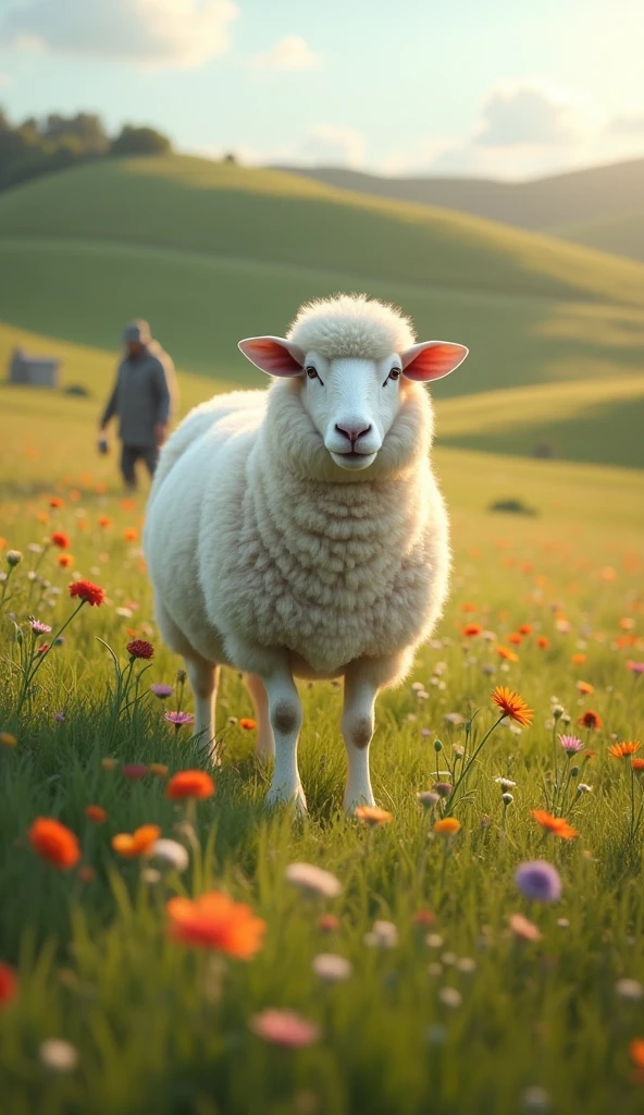 Generate an ultra realistic 8k full hd image of a white sheep in a field with flowers and grass with a shepherd watching it from afar