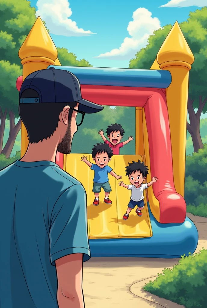Children playing in their decent clothes on a bounce house with a slide, where everything is very safe for everyone and there is a 3 adult, that he has a beard and mustache closed on his thin face, very short hair under black cap, glasses, blue T-shirt. It looks like a 2d Japanese anime drawing.
