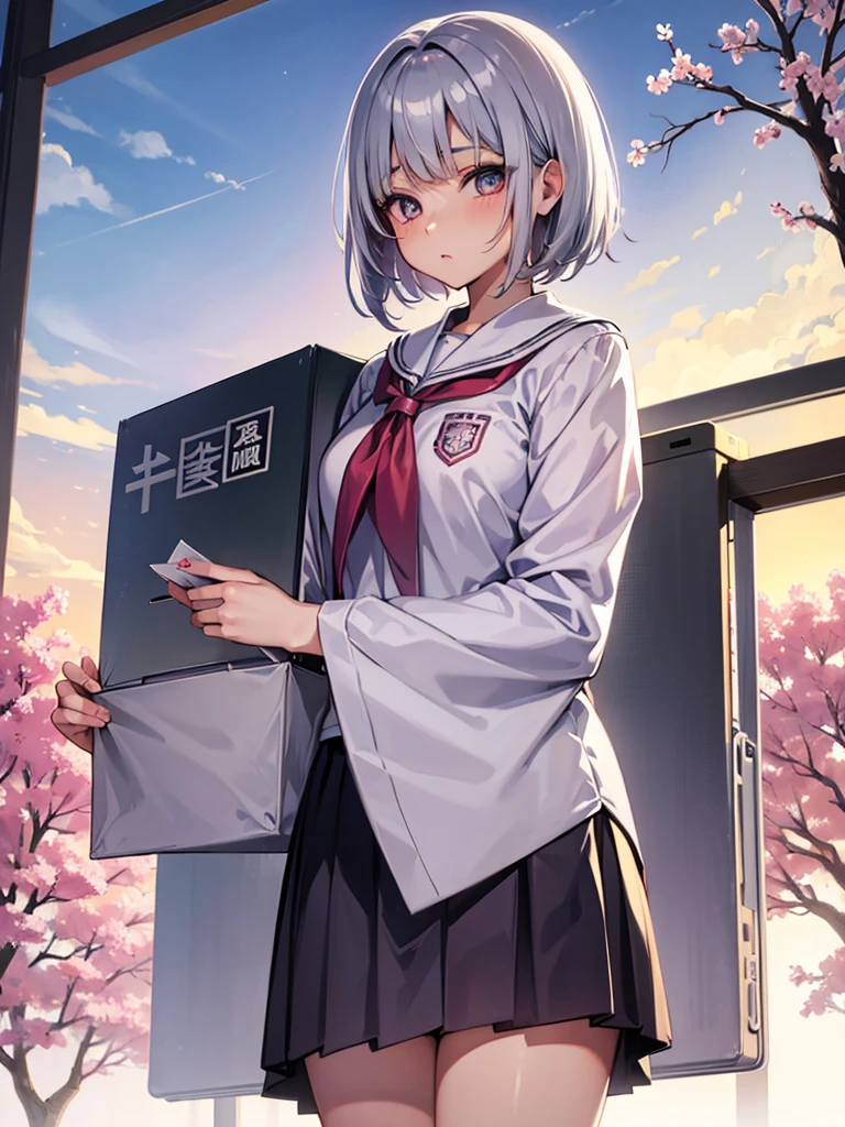 solo, Female, Manga, Japanese, Anime, Pastel, silver hair, short cut, high school girl, uniform, ((tareme)), big eyes