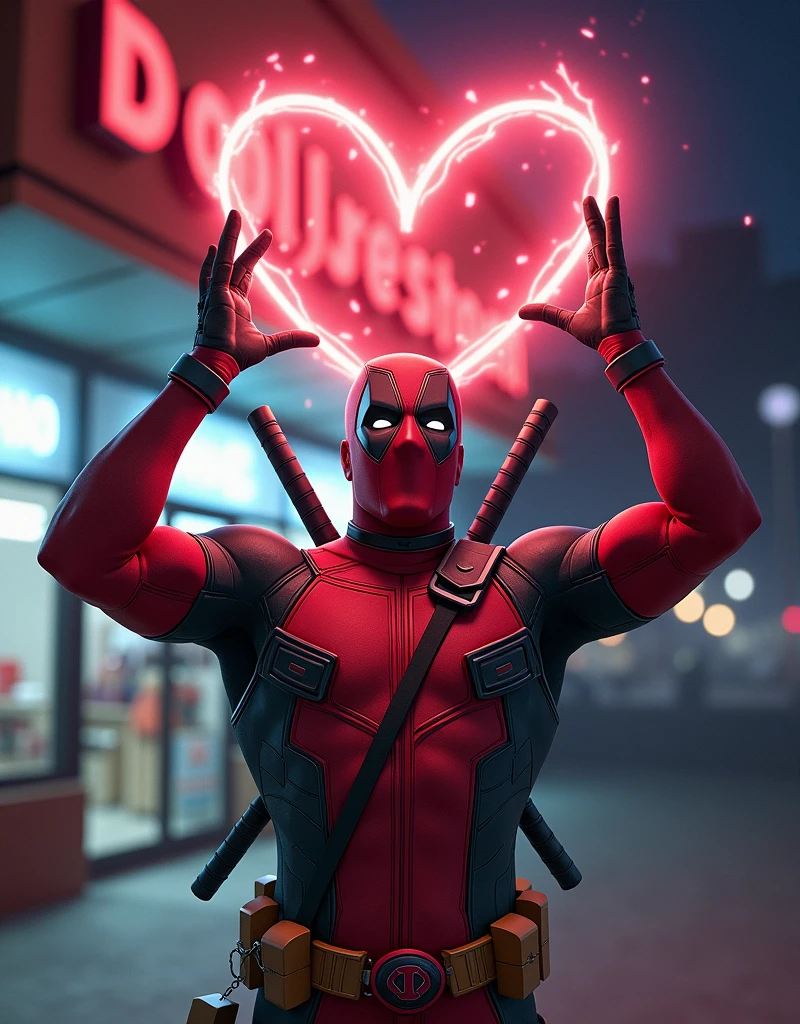 Deadpool man sending heart Above a POOLSTORE title


