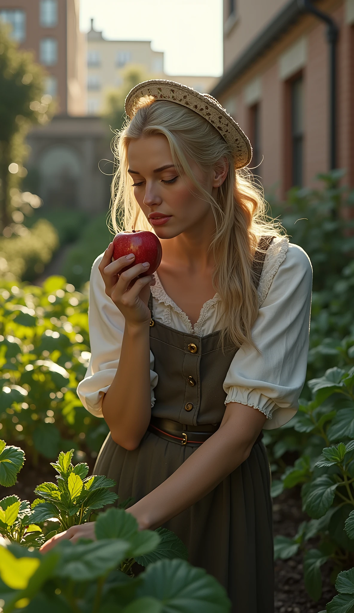 20 yo [Sophia Loren:Maude Adams:0.45] as a beautiful blonde haired Victorian House Work workers, biting ripe juicy apples while tending her vegetables urban garden at her Victorian working class Tiny Apartment backyard, insanely detailed and intricate, bokeh, shallow depth of field, Don Lawrence cinematic photorealistic color comic scene style, low-key, octane render, octane lighting