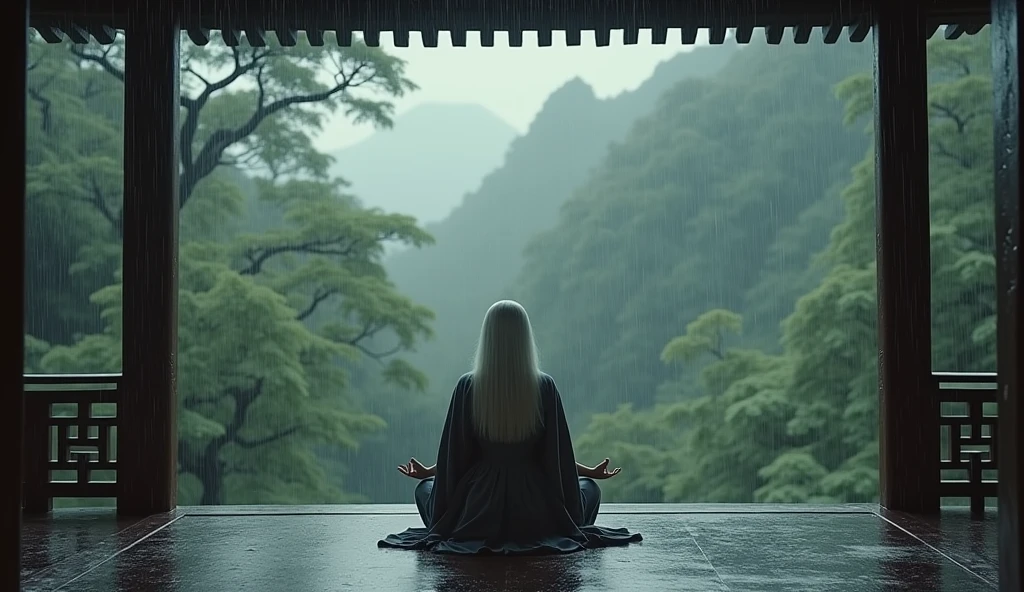 (wide angle shot, far away shot) , A beautiful middle-aged woman in Asian Taoism, sitting Meditating on the temple balcony , and the rain was pouring down the roof, under roof, second floor, with long white hair, sitting cross-legged, hands up on both knees. Taoism, wearing a gray robe, miraculous aura, Taoist master, lush landscape, dark green, temple landscape